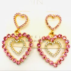 Earrings Hearts Crystal Drop In Pink. Pierced They Are Set In Golden Tone. Super Brilliant And Sparkly! High Quality Crystals! Brand New In Packaging! Light Weight ! Won’t Tarnish! Pink Heart Cut Jewelry For Party, Pink Heart Cut Wedding Earrings, Elegant Pink Heart Cut Earrings, Open Heart Earrings With Heart Charm For Party, Pink Heart Earrings For Anniversary, Pink Heart Earrings For Wedding, Pink Heart Cut Earrings For Anniversary, Elegant Pink Heart Earrings For Anniversary, Pink Open Heart Jewelry For Wedding