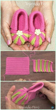 crocheted baby shoes and booties are shown in three different pictures, one is pink