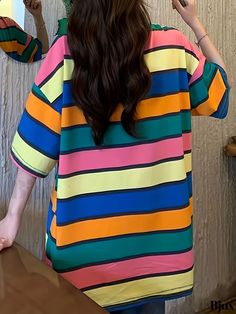 Bjux - Womens Rainbow Striped Oversized T-shirt - Casual Crew Neck, Drop Shoulder, Short Sleeve - Fashionable Apparel Colorful Short Sleeve T-shirt For Spring, Green Relaxed Fit T-shirt With Half Sleeves, Oversized Striped T-shirt For Summer, Casual Yellow Tops With Half Sleeve, Casual Yellow Half Sleeve Top, Trendy Half Sleeve Graphic Print T-shirt, Green Relaxed Fit Half Sleeve T-shirt, Oversized Multicolor Summer Tops, Multicolor Half Sleeve T-shirt For Summer