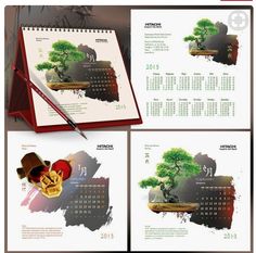 an image of a calendar with a tree on the front and back cover, next to a pen