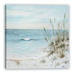 an oil painting of the ocean and sand dunes with sea oats in the foreground