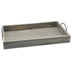 a wooden tray with metal handles on a white background