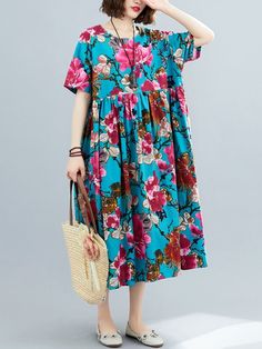 Sku CY-!58538 Material Linen , >70%Cotton Style Loose , A-line Feature Floral Printed Occasion Going out , Simple , Vintage Seasons Summer Type Midi Dresses Color BLUE Size FREE SIZE Please consult the size chart we provide for this item's measurements to help you decide which size to buy.Please note: There may be 1-3cm differ due to manual measurement. INCH Bust Shoulder Length FREE SIZE 55.91 19.69 47.24 Light Blue A-line Midi Dress With Floral Print, Light Blue Floral Dress For Spring, Casual Blue Floral Dress, Light Blue Buttoned Dress For Spring, Light Blue Spring Dress With Buttons, Casual Blue Floral Dress With Short Sleeves, Casual Blue Knee-length Floral Dress, Casual Knee-length Blue Floral Dress, Casual Blue Floral Dress For Spring