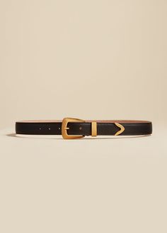 The Benny Belt in Dark Brown Leather with Gold Designer Business Belts With Gold-tone Hardware, Designer Belts With Gold-tone Hardware For Business, Classic Evening Belts With Gold-tone Hardware, Black Belt Buckles With Gold-tone Hardware For Work, Leather Belts With Gold-tone Rectangular Buckle, Leather Workwear Belts With Brass Hardware, Leather Belts With Brass Hardware For Work, Designer Formal Belt Buckles With Gold-tone Hardware, Designer Belt Buckles With Gold-tone Hardware For Formal Wear