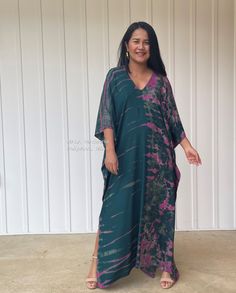 "DETAILS * Oversized * Bust/Waist/Hips 32\" wide, circumference 64\" * Approx. 40\", 50\", or 56\" long from shoulder to hem * V neckline both front & rear * Loose silhouette * Side slits * Slipover style * Rayon fabric with hand tie dye * Gentle machine wash with low heat dry, first wash separately * Model tall 5'4\"/164 cm. wearing 50\" * Style A" Green Hippie Kaftan For The Beach, Green Batik Print Kaftan For Beach, Green Batik Print Maxi Dress For Beach, Green Batik Print Dress For The Beach, Green Batik Print Kaftan For Summer, Summer Green Batik Print Kaftan, Green Summer Kaftan With Batik Print, Green V-neck Tunic For Festival, Bohemian Green Maxi Tunic