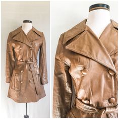 "Fabulous vintage 1970s leather trench coat. Taupe brown leather with double breasted closure, wide notched collar pockets and matching sash belt. ~Sleek & Cool ~Double Breasted ~Wide Notched Collar ~Sash belt ~Front Side Pockets ~Fully lined ❉ measurements: fits like: Small - Medium. With sash tie it can fit many. measured flat buttoned up chest: 34\" waist: 29\" can be tighter with sash hip: 36\" sleeve: 23 1/4\" length: 32\" from center back collar seam brand/maker: Imperial material: Lea Vintage Double-breasted Leather Jacket For Fall, Vintage Belted Outerwear For Formal Occasions, Belted Vintage Outerwear For Formal Occasions, Vintage Brown Outerwear With Double Button Closure, Imperial Leather, Brown Leather Coat, Long Leather Coat, 1980s Dresses, Sash Belts