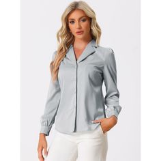 Complete your chic style with this satin button-up shirt. This satin button-up shirt features button cuffs and a notch collar perfectly. Pair it with jeans and work pants for your casual chic look. To create an elegant image with a classic design. Look smart and classic in this shirt finished with solid color fabric. With shiny and smooth fabric, this satin shirt makes you look elegant and romantic. Elegant Single Breasted Tops, Office Wear Shirt With Button Closure, Elegant Single-breasted Button-up Top, Elegant Single Breasted Button-up Top, Elegant Single-breasted Collared Shirt, Elegant Single Breasted Collared Shirt, Solid Spread Collar Blouse For Office, Single Breasted Button-up Blouse For Work, Office Blouse With Spread Collar In Solid Color