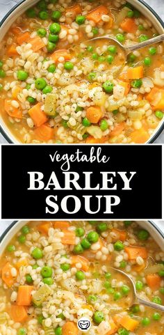 two bowls filled with vegetable barley soup and the words vegetable barley soup on top are shown