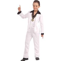 Your little disco dancer will be ready to show off his moves when you pick up the Disco Fever Boy's Costume. This costume features a white jacket with an attached white vest black collar and black cuffs. It also includes matching white pants. This outfit is modeled after the clothing that was popular in the 1970s at disco dance clubs. Disco is a style of dance music that combined elements of funk soul and Latin music and was part of a 70s subculture. Your boy is sure to have a good time dancing Kids 70s Costume, White Bell Bottom Pants, Decades Costumes, Look Disco, Disco Look, Black Collared Shirt, 70's Disco, 70s Costume, Musica Disco