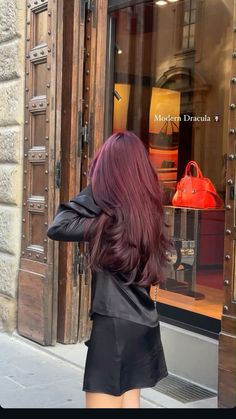 Dark cherry hair color inspirational Violet Plum Hair Color, Dark Red On Dark Hair, Winter Cherry Hair, Temporary Dye For Dark Hair, Cherry Hair Girl, Cherry Red Asian Hair, Dark Cherry Red Hair Aesthetic, Black Hair With Wine Red Highlights, Black Cherry Plum Hair