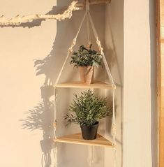 three shelves with plants on them hanging from the wall and one has a potted plant in it