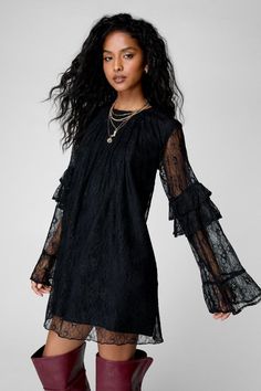 Lace Ruffle Fluted Sleeve Tunic Mini Dress | Nasty Gal Simple Accessories, Lace Material, Smart Casual Outfit, Trending Sunglasses, Dresses Lace, Lace Ruffle, Guest Outfit, Fashion Story, Dress Cuts