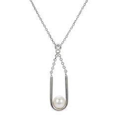 5-5.5mm Cultured Pearl and White Topaz U-Shaped Drop Necklace Elegantly sculptural, this necklace showcases a pearl perched in a U-shaped drop that suspends from a bezel-set white topaz. An artistic find for pearl, gemstone and modern fine-jewelry enthusiasts.       Necklace approx. 18"L; adjustable to 16"     Drop approx. 1-1/4"L x 1/4"W (not removable)      Stamped .925 sterling silver; polished finish      Chain-link necklace: lobster-claw clasp    Stone Information       All sizes and weights approximate     Cultured Freshwater Pearl: Off-round (5-5.5mm)     White Topaz: Round White Gold Teardrop Pendant Necklace With Pearl Drop, White Gold Pearl Necklace With Teardrop Pendant, White Gold Teardrop Pearl Necklace, Formal Drop Pearl Necklace With Pendant, Formal Drop Pearl Pendant Necklace, Modern Pearl Drop Pendant Necklace, Modern Pearl Pendant Necklace For Anniversary, Formal Drop Necklace With Pearl Charm, Formal Drop Pearl Charm Necklace