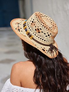 Elevate your vacation style with our Women's Western Cowboy Straw Hat. Made with high-quality straw, this hat is perfect for sunny days by the beach or exploring new cities. Its classic western design adds a touch of flair to any outfit. So stay stylish while protecting yourself from the sun's harmful rays. Color : Beige Details : Beaded Material : Paper Product Technique : Beaded, Hollow Out, Retro Size Crown Length Width one-size 58 45 18 Cowboy Straw Hat, Protecting Yourself, Western Design, By The Beach, Vacation Style, Beaded Material, Western Cowboy, On Vacation, Straw Hat