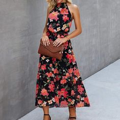 Black, Floral Maxi/Midi Dress With Halter Tie Neck And A Tie Waist. Perfect Colors For Fall! Would Look Adorable With A Blazer For Work Too. Pretty Garden Size Medium With Multiple Tiers And Slight Hi/Low Hemline. Fits True To Size Or Slightly Small (It Does Not Have Stretch, So If You Have A Fuller Top Or Bottom, May Be Snug). Partially Lined. Never Worn, But Does Not Have Tags. Minor Stitching Imperfection On The Elastic Back Band. Elegant Black Floral Dress For Vacation, Black Summer Dress For Garden Party, Black Maxi Dress For Summer Garden Party, Black Midi Dress For Garden Party, Black Non-stretch Summer Maxi Dress, Chic Black Floral Summer Dress, Chic Black Floral Dress For Summer, Black Floral Print Maxi Dress For Summer, Black Floral Print Dress For Vacation