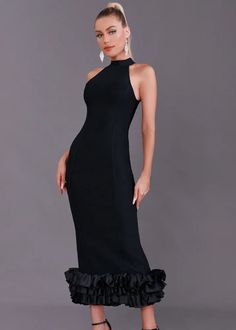 Expertly crafted with a halter neckline and a ruffle hem, this black cocktail dress is perfect for a night out. With a bodycon fit and midi length, it's an elegant and stylish choice. Elevate your look with this versatile and chic dress. Fabric: Medium Stretch Material: Polyester, Elastane Black Ruffle Hem Midi Dress For Party, Fitted Midi Dress With Ruffle Hem For Evening, Chic Maxi Dress With Ruffles And Mermaid Hem, Chic Evening Midi Dress With Ruffle Hem, Fitted Maxi Dress With Ruffle Hem For Parties, Elegant Ruffled Halter Dress For Night Out, Elegant Midi Dress With Ruffles And Mermaid Hem, Elegant Evening Halter Dress With Ruffles, Party Midi Dress With Ruffle Hem And Stretch