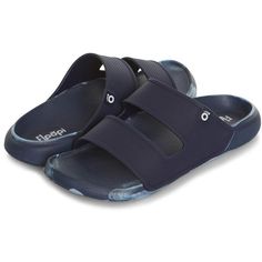 Navy Slip-on Slides For Summer, Navy Cushioned Open Toe Slides, Navy Beach Slides With Cushioned Footbed, Navy Cushioned Slides For Summer, Navy Slides With Cushioned Footbed For Summer, Navy Synthetic Slides For Beach, Navy Cushioned Sandals For Summer, Navy Non-slip Slip-on Sandals, Navy Synthetic Slip-on Slides