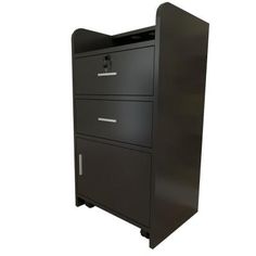 a black filing cabinet with two drawers on each side and one door open to reveal the bottom drawer