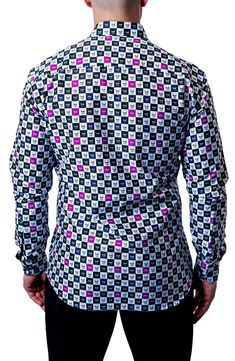 Patterned in a grid of grinning skulls, this shirt tailored from crisp cotton features a physique-hugging fit that looks great whether it's tucked or untucked. Spread collar Long sleeves 100% cotton Machine wash, dry flat Made in Turkey Purple Fitted Cotton Shirt, Fitted Cotton Shirt With Skull Print, Fitted Purple Top With Button Closure, Fitted Purple Collared Shirt, Purple Cotton Long Sleeve Dress Shirt, Purple Long Sleeve Cotton Dress Shirt, Purple Slim Fit Button-up Shirt, Fitted Purple Dress Shirt With Spread Collar, Fitted Purple Shirt With Button Closure