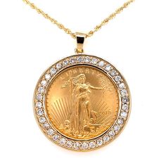 The latest styles at the best prices! This amazing pendant has a 1 oz. American Eagle gold goin set in a 14 kt. yellow gold frame with a tremendous 3.00 ct. total weight. Each of these NATURAL diamonds was pave set by hand and  feature splendidly white G color and immaculately eye clean SI-1 NATURAL clarity. The pendant comes ready to wear on an 18" rope chain also in 14 kt yellow gold! Luxury Gia Certified Gold Necklaces, Gia Certified Yellow Gold Pendant Jewelry, Eagle Coin, Coin Pendant, Rope Chain, Latest Styles, Gold Frame, Round Diamond, Pendant Necklaces