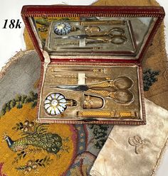 Stunning c.1810 Antique French Palais Royal 18k Gold Sewing Tools, Perfume Bottle in Original Presentation Box