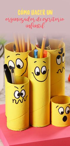 three yellow pencils with faces drawn on them and the words como diacer un