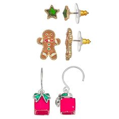 Add a festive finishing touch to any ensemble with this trio of holiday earrings from Napier. Click on this JEWELRY & WATCHES GUIDE to learn about fit, styles, materials and more! Add a festive finishing touch to any ensemble with this trio of holiday earrings from Napier. Click on this JEWELRY & WATCHES GUIDE to learn about fit, styles, materials and more! FEATURES Includes 3 pairs of earrings Length: 0.31 in., 0.68 in., 1.07 in. Backings: post Nickel safe Metal: alloy Material: plastic Plating Present Earrings, Holiday Earrings, Presents For Men, Holiday Earring, Gingerbread Man, Jewelry Earrings Studs, Gingerbread, Two Tone, Jewelry Watches