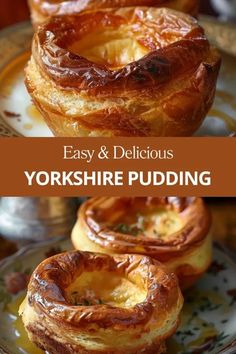 yorkshire puddings on a plate with the words easy and delicious yorkshire pudding in front