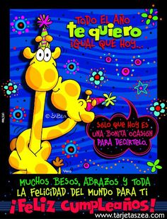 a cartoon giraffe with a party hat on its head and an inscription in spanish