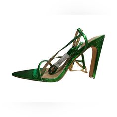 Metallic Green Heels Size 10 Green Heels With 4-inch Heel For Party, Green Pointed Toe Party Sandals, Green Pointed Toe Sandals For Party, Green 4-inch Heels For Night Out, Green Ankle Strap Heels For Night Out, Glamorous Green Pointed Toe Sandals, Glamorous Green Heels For Spring, Green 4-inch Heels For Party, Green Pointed Toe Sandals For Night Out