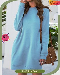 Vintage Solid Crew Neck Long Sleeve Casual Sweatshirt Dress Basic Fashion, Sweater Dress Casual, Women Long Sleeve Dress, Mini Robes, Vintage Short, Mini Sweater Dress, Daily Dress, Casual Sweaters, Sleeves (women)