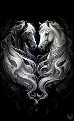 two white horses with long manes standing next to each other on a black background