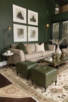 a living room with green walls and furniture