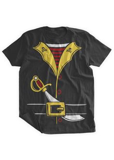 a black shirt with yellow and red designs on it's chest, which has a knife