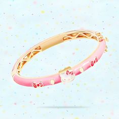 There is nothing cuter than Hello Kitty and this kids bangle bracelet is proof positive. Gold and pink Hello Kitty bangle features Hello Kitty embellishments such as red enamel bows, gold hearts, classic Hello Kitty face, and Hello Kitty printed in gold Pink enamel plating adorns the exterior This Hello Kitty bracelet has a hinged closure for easier on and off. Bracelet circumference is 6.5 inches Bracelet Diameter is 2 inches Hello Kitty jewelry arrives in a Hello Kitty gift box for easy giftin Pink Enamel Jewelry For Birthday, Hello Kitty Adjustable Jewelry For Gifts, Adjustable Hello Kitty Jewelry Gift, Adjustable Hello Kitty Jewelry As Gift, Playful Pink Enamel Jewelry, Cute Pink Bangle Jewelry, Trendy Pink Hello Kitty Jewelry, Cute Bangle Jewelry For Birthday, Cute Bangle For Birthday