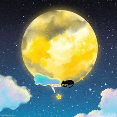 a black cat laying on top of a cloud under a full moon with stars in the sky