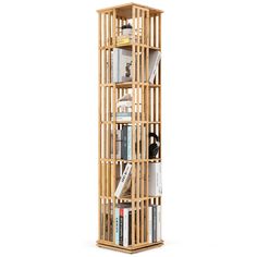 a tall wooden book shelf filled with books