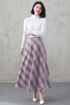 Pink Long Wool Plaid Skirt Long Wool Skirt with Pockets Pink - Etsy 日本 White Flared Skirt For Winter, Long Pink Skirt For Fall, Pink Long Skirt For Fall, Non-stretch Full Skirt For Winter, Pink Skirt For Winter, Pink Winter Skirt, Pastel Cute Outfits, Plaid Skirt Long, A Line Maxi Skirt