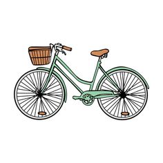 a green bicycle with a basket on the front