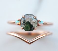 Hexagon Diamond Ring, Hexagon Engagement Ring, Hexagon Wedding, Diamond Alternative Engagement Ring, Hexagonal Ring, Moss Agate Engagement Ring, Agate Engagement Ring, Hexagon Diamond, Moss Agate Ring