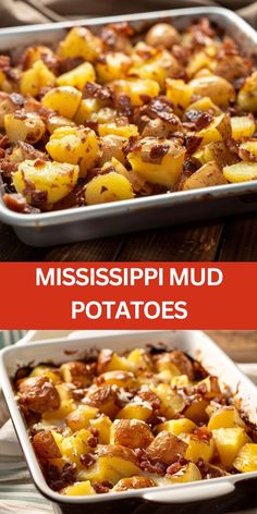 two pictures showing how to make mississippi mud potato casserole with bacon and cheese