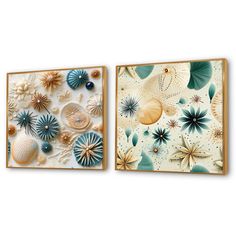 two wall hangings with shells and seashells on them