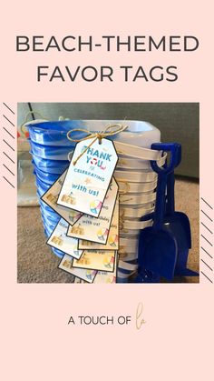 the beach themed favors are stacked on top of each other with tags attached to them