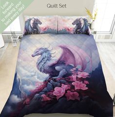 an image of a dragon bedding set with pink flowers on the bottom and side