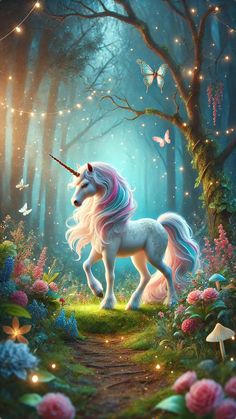 a unicorn is standing in the middle of a forest with flowers and butterflies around it