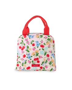 light pink lunch tote with all over cherry and flower print and red handles Rectangular Lunch Bag With Zipper For Daily Use, School Lunch Bag Satchel With Removable Pouch, Back To School Lunch Bag With Zipper Closure, Back To School Lunch Box With Zipper Closure, Cute Portable Lunch Bag, Cute Multicolor Lunch Box For Everyday Use, Everyday Insulated Rectangular Bags, Everyday Insulated Rectangular Bag, Pink Lunch Bag With Zipper