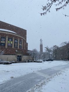 the clock tower is in the distance on a snowy day