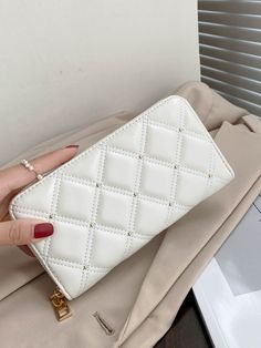 White    PU Leather  Long Wallet Embellished   Women Bags White Wallet Aesthetic, Women Wallet Aesthetic, Wallets For Women Aesthetic, Aesthetic Wallet, Wallet Aesthetic, White Punk, Wallets For Girls, White Wallet, Teachers Day Gifts