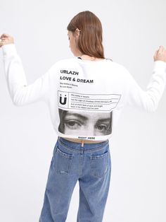 Details: Long sleeve crewneck sweatshirt in optic white 'Love & Dream' graphic printed in black on front Lord Byron graphics printed in multi on back Rib knit cuffs Slim fit Materials & Care: 100% Cotton Hand wash | Dry clean Do not bleach Size & Fit: Model is 5'7", Bust 32, Waist 24, Hips 35, wearing a size S *This item is final sale* Item #: UK4SW44 White Letter Print Sweater For Spring, Trendy White Crew Neck Sweater, White Trendy Sweater With Ribbed Cuffs, Trendy White Sweater With Ribbed Cuffs, White Graphic Print Crew Neck Sweater, White Graphic Print Sweater For Loungewear, White Graphic Print Sweatshirt For Winter, White Crew Neck Sweater With Graphic Print, White Winter Sweatshirt With Graphic Print