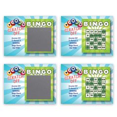 three game cards with the words scratch off and two numbers on each side, in front of